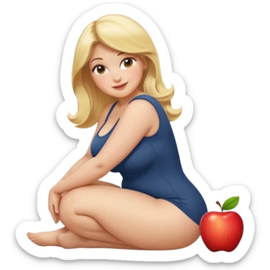 curvy blonde woman, front view, bending over, sitting on her soles, friendly expression, SFW, no explicit content, apple emoji style sticker