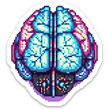 64x64 pixel art of a cybernetic brain with bright neon lines and glowing digital effects sticker