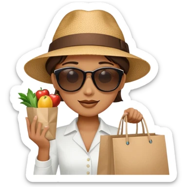 mystery shopper wearing sunglasses and a hat, holding a shopping bag sticker
