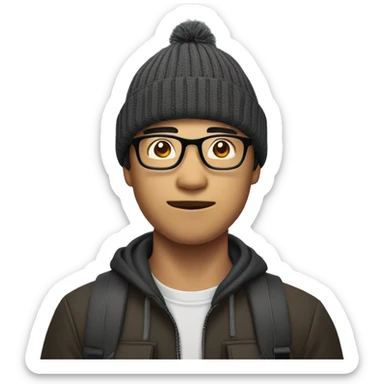 A Asian man wearing a beanie and glasses, holding a camera. sticker