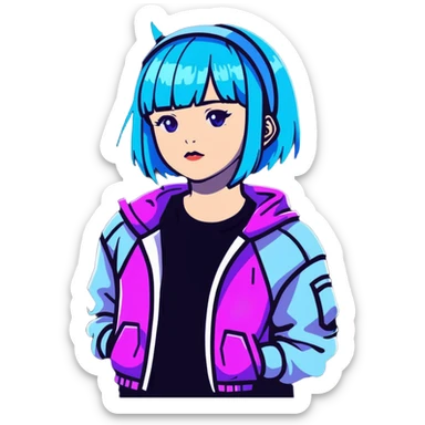 Cyberpunk Japanese girl with neon blue wig, futuristic holographic jacket, digital glitches effect, dark background with purple neon glow, iOS app icon style sticker