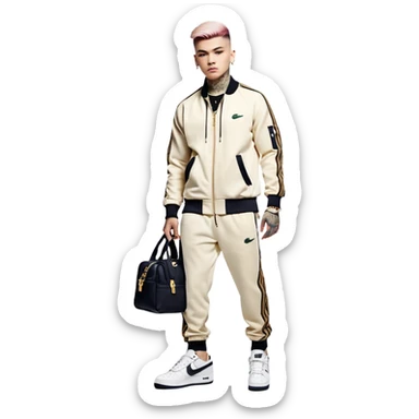 Capelli rasati ai lati con sfumatura, sopra corti e fissati con gel. Look curato e deciso. Indossa tuta firmata (Nike, Adidas, Lacoste, EA7) o jeans skinny, scarpe vistose come Air Force 1. Sempre presenti borsello a tracolla e collana d’oro E tatuaggi d’appertutto a mezzo busto sticker