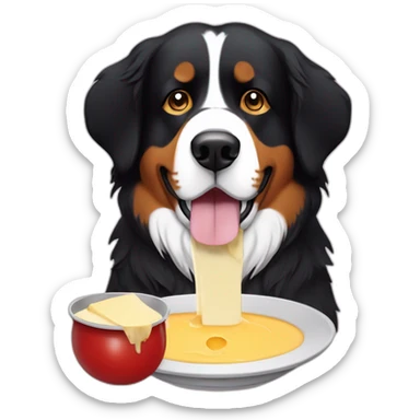 Bernese mountain dog eating a cheese fondue sticker