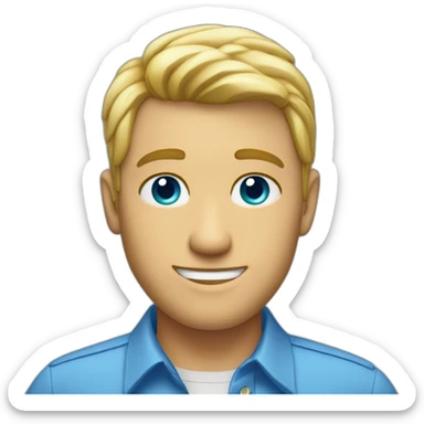 blonde blue eyes man in a blue button up shirt with a rainbow over head sticker