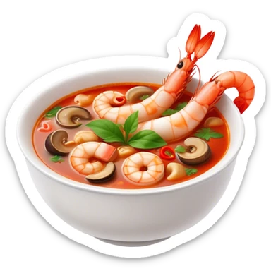 Cinematic Realistic Tom Yam Kung Soup Dish Emoji, showcasing a spicy, sour shrimp soup with herbs and mushrooms rendered with lifelike textures and bold, dynamic lighting. sticker