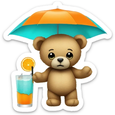 
a turquoise, tattered teddy bear with only one button eye holding an orange cocktail umbrella. sticker