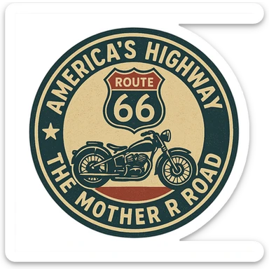 circular design for motorcycle cap, transparent background, text 'AMERICA'S HIGHWAY - ROUTE 66 - THE MOTHER ROAD', motif: Route 66 sign, motorcycle, star, retro style sticker