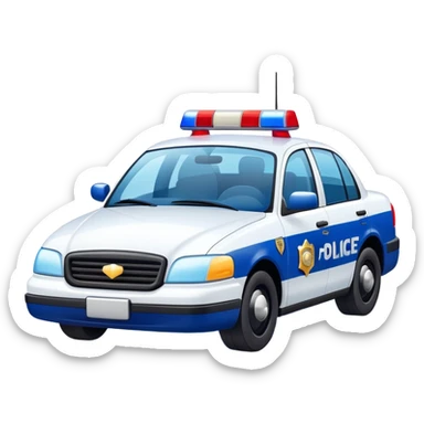 A blue and white police car with a friendly smiling face on the front sticker