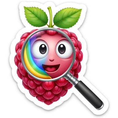 a raspberry holds a rainbow colored magnifier with its budding from handle of magnifier sticker
