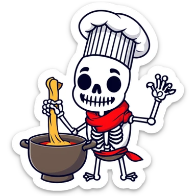 Papyrus from Undertale cooking spaghetti, tall skeleton with red scarf and white armor, enthusiastically stirring pasta in a pot, chef hat sticker