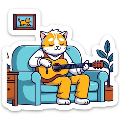  old blind man playing ￼guitar  on the couch ￼with his ￼golden cat  sticker