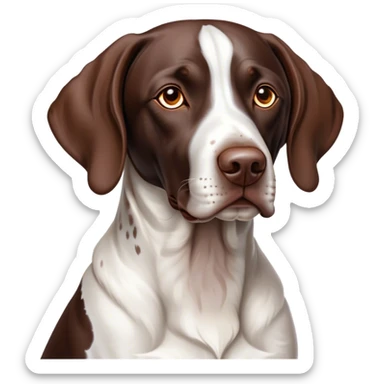 Cinematic Noble German Pointer Portrait Emoji, Poised and regal, with a lean, athletic build and a sleek, short coat in liver and white, deep-set soulful brown eyes, Simplified yet sharp and sophisticated features, highly detailed, glowing with a soft, dignified glow, high shine, intelligent and driven, stylized with an air of determination, focused and attentive, soft glowing outline, capturing the essence of a watchful and commanding hunter, so majestic it feels as though it could sprint out of the screen with effortless authority! sticker