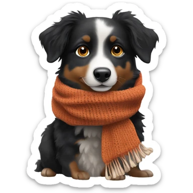 Small black australian shepherd dog wearing a knit scarf sticker