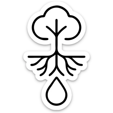 Tree with roots connecting to a water droplet, symbolizing environmental care and commitment sticker