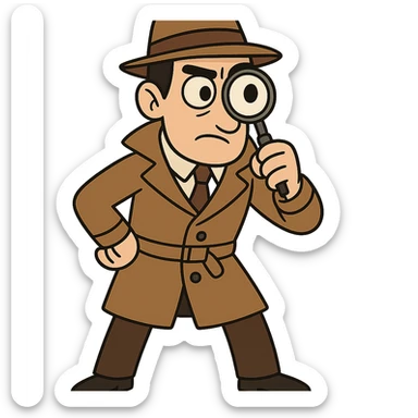 detective, classic look, brown trench coat, magnifying glass, cartoon style sticker