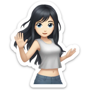Anime-style girl with black hair down to her belly , gray-blue eyes , waving her hand sticker