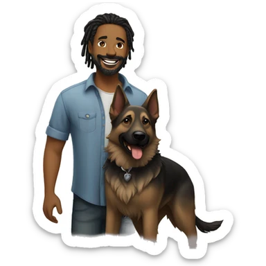 man with dreadlocks, mustache and goatee expressing joy dressed in a shirt alongside a dark brindle colored german shepherd dog sticker