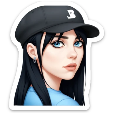 billie eilish wearing backwards cap, black hair, black eyeliner, light blue eyes sticker