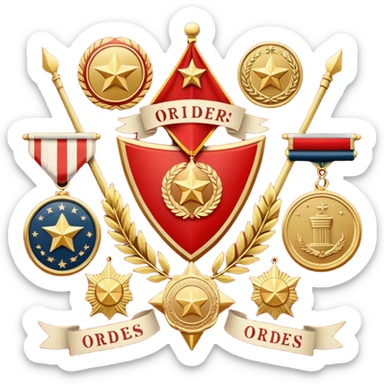 Icon for Collecting Orders, Medals & Badges: a variety of vintage orders, medals and badges, displayed neatly on a big red pennant or in a display case. The icon should reflect the honor and historical significance of these collectible items. Transparent background. sticker