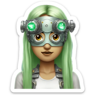 Light green long hair female cyborg head with silver steampunk goggles as a headband, circuits sticker