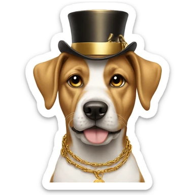 dog wearing golden chains and a golden tophat sticker