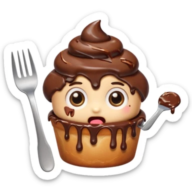 Funny cartoon chocolate mini pastry, holding tiny fork, wide shocked eyes, messy chocolate dripping, chibi style, Twitch emoji style, transparent background, colorful
 sticker