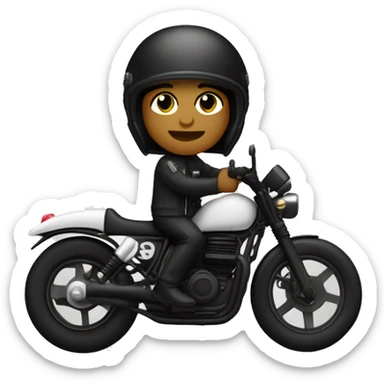 Un motorista blanco en moto custom negra con ropa negra con casco negro y un sieste blanco en  el casco sticker