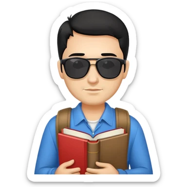 Man with black hair, black stubble, sunglasses on head and wearing a book bag sticker