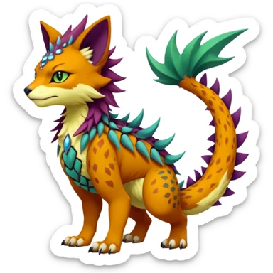 Kawaii cute reddish orangish yellowish greenish purplish exotic tribal beautiful pretty elegant divine edgy feline-vernid-sergal-Fakémon-Pokémon-Digimon-fursona-animal-creature with accessories, jewelries, full body, with intricate detailed markings, furs, fins, scales, spiny sticker