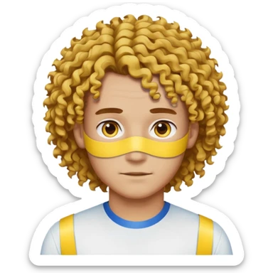 Make me an emoji that has a guy with a white shirt and yellow tape around the shirt with brown and blue spots hair make the hair curly make the yellow tape go around it sticker