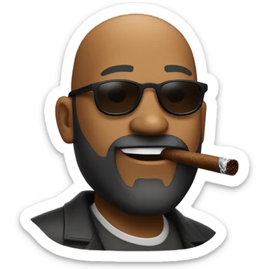 Bald Black man wearing sunglasses and smoking a cigar. He has a beard sticker