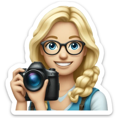 Real blonde girl with glasses smiling blue eyes taking pictures with a camera  sticker
