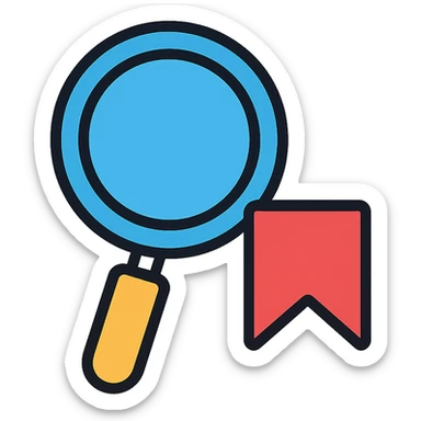 clean and modern magnifying glass with a save symbol like a bookmark or disk in the bottom right corner sticker