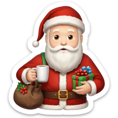 Санта клаус с мешком подарков за спиной и кружкой какао в руке sticker