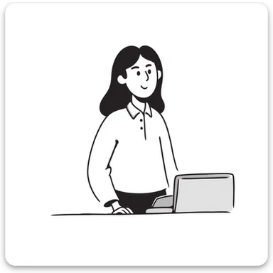 Gender-neutral cashier with shoulder-length hair, standing behind a cashier desk, smiling, wearing a neutral-colored uniform sticker