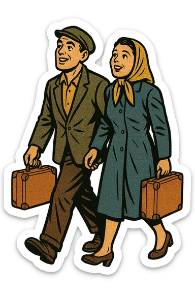 A refugee husband and wife from Eastern Europe in the 1950s both carrying a small old brown suitcase and looking hopeful. They are both walking sticker