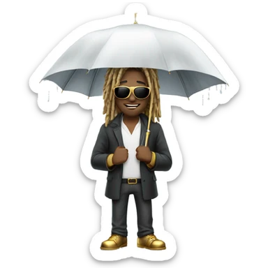 White male with dreadlocks gold sunglasses on holding umbrella for the rain but instead of rain its money  sticker