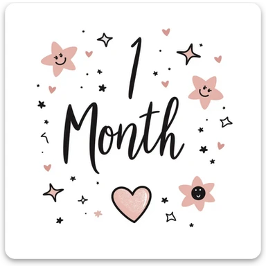 A cute pastel celebration design with sparkles and hearts, featuring "1 Month" in elegant handwriting, surrounded by friendship symbols like stars, pinky promise hands, smiling faces, and flowers. Warm and magical like a scrapbook memory collage for celebrating friendship. sticker