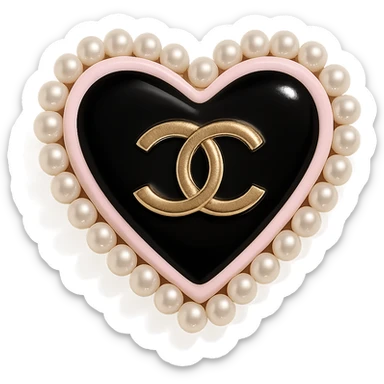  only the elegant heart with pearls and gold Chanel logo, glossy, pastel colors with no background. black pink,  sticker