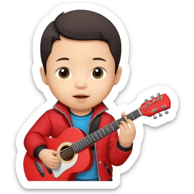 guitar rock player, baby asian head, red jacket sticker