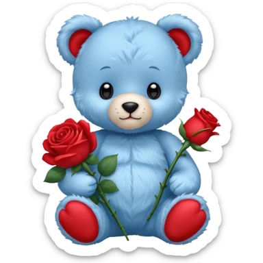 cute blue baby teddy bear holding roses  sticker