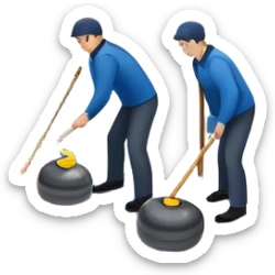 An icon showing a curling match on an indoor ice stadium, with a polished curling stone gliding toward the target and players sweeping. Spectators watch from stands, and flags hang above the rink. Transparent background highlights strategy and focus in the sport of curling. sticker