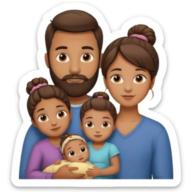 brown family of 5. mom has bun. dad has beard. teenage daughter. toddler son. and baby sticker