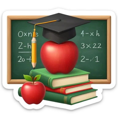 An icon featuring a chalkboard with educational equations, an apple, and a pencil, symbolizing pedagogy. The design includes a stack of books and a graduation cap, representing teaching and learning. Transparent background highlights the dedication to education and mentorship. sticker