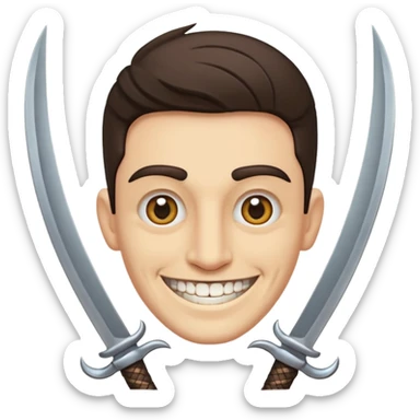 Haz que tenga una sonrisa epica una cicatriz en el ojo serrado y una espada entre los dientes y dos más a cada lado. sticker