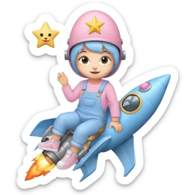 cute kitten in pastel blue overalls and sneakers, pastel pink hat with a star, sitting on a rocket, smiling, emoji style sticker