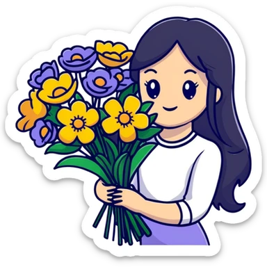 Beautiful girl with long black hair holding a bouquet of flowers sticker