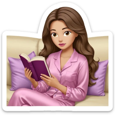 Woman with light tanned skin reading a book on Beige sofa. Long wavy brunette hair. Ivory silk pyjamas. Realistic. Foxeye with long lashes. Pinky mauve lips. sticker