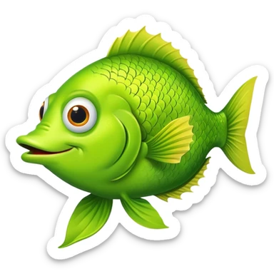 extremely goofy bright lime green fish with huge bulging eye and dopey smile, looking incredibly stupid and friendly, perfect flat side profile facing right, exactly 90 degrees, one eye visible sticker