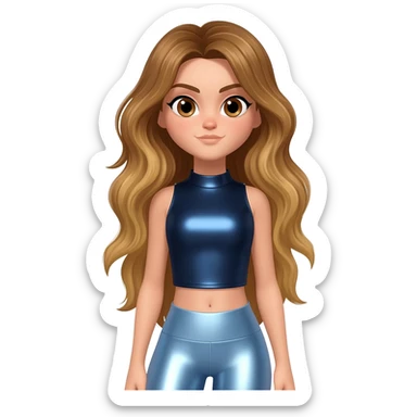 GloomyKassie with brown eyes, long golden brown hair, dark blue metallic crop top, light blue metallic leggings sticker